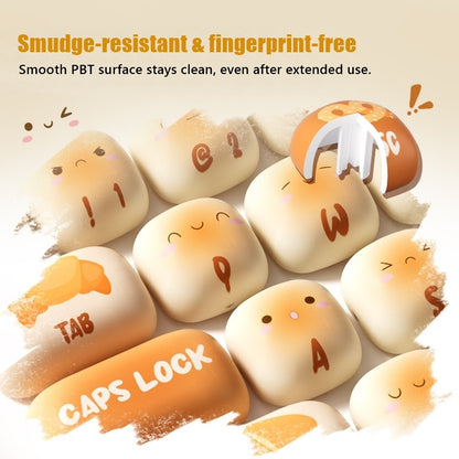 Keyboard keys with cartoon faces and text, featuring a smudge-resistant and fingerprint-free surface.