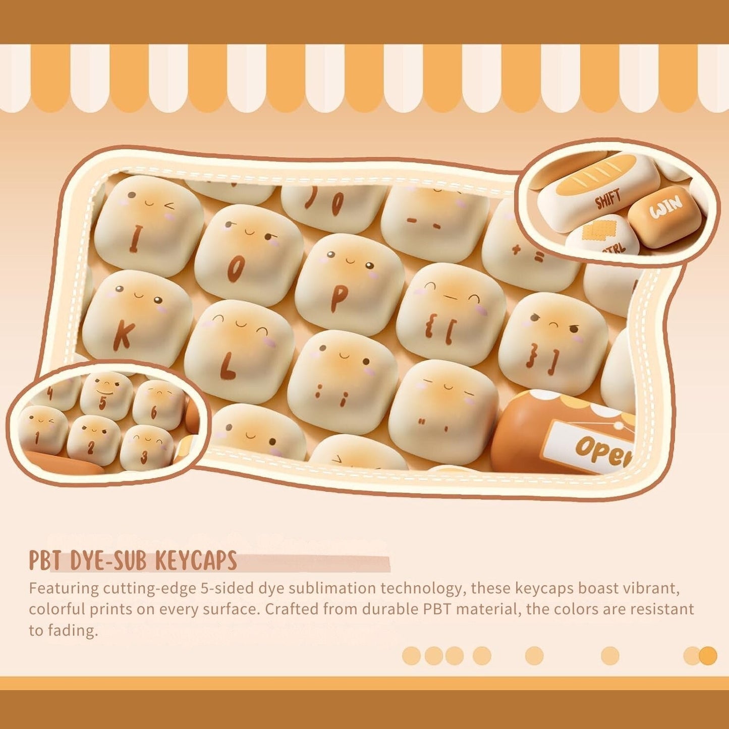 Set of keycaps with toasted bun designs in a tray on a beige background