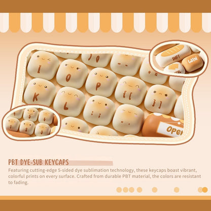 Set of keycaps with toasted bun designs in a tray on a beige background