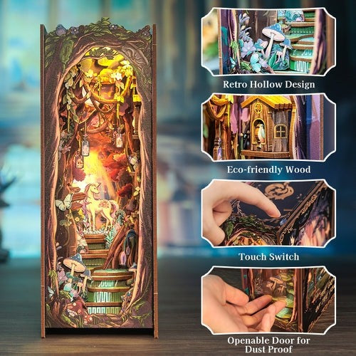 image showing four unique features of the Grace of Wonderland book nook, including retro hollow design, eco-friendly wood, touch switch and dust cover.