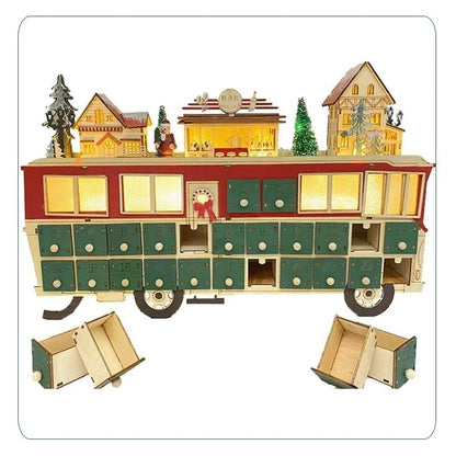 Battery-powered Lit Wooden Bus Christmas Countdown Advent Calendar, Featuring a Christmas village on a classic double-decker bus, complete with Santa Claus, charming houses, a cozy bar.