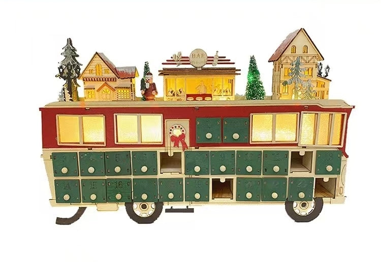 Battery-powered Lit Wooden Bus Christmas Countdown Advent Calendar, Featuring a Christmas village on a classic double-decker bus, complete with Santa Claus, charming houses, a cozy bar.