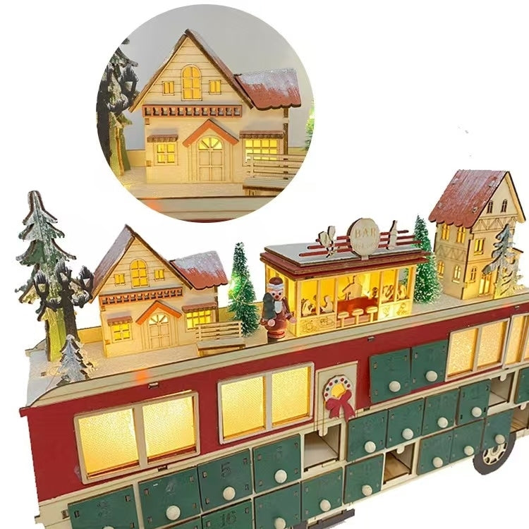 Battery-powered Lit Wooden Bus Christmas Countdown Advent Calendar, Featuring a Christmas village on a classic double-decker bus, complete with Santa Claus, charming houses, a cozy bar.