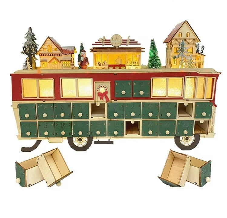 Battery-powered Lit Wooden Bus Christmas Countdown Advent Calendar, Featuring a Christmas village on a classic double-decker bus, complete with Santa Claus, charming houses, a cozy bar.