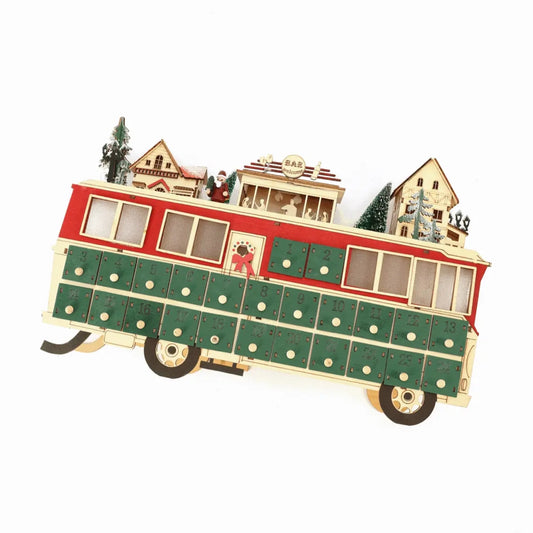 Battery-powered Lit Wooden Bus Christmas Countdown Advent Calendar, Featuring a Christmas village on a classic double-decker bus, complete with Santa Claus, charming houses, a cozy bar.