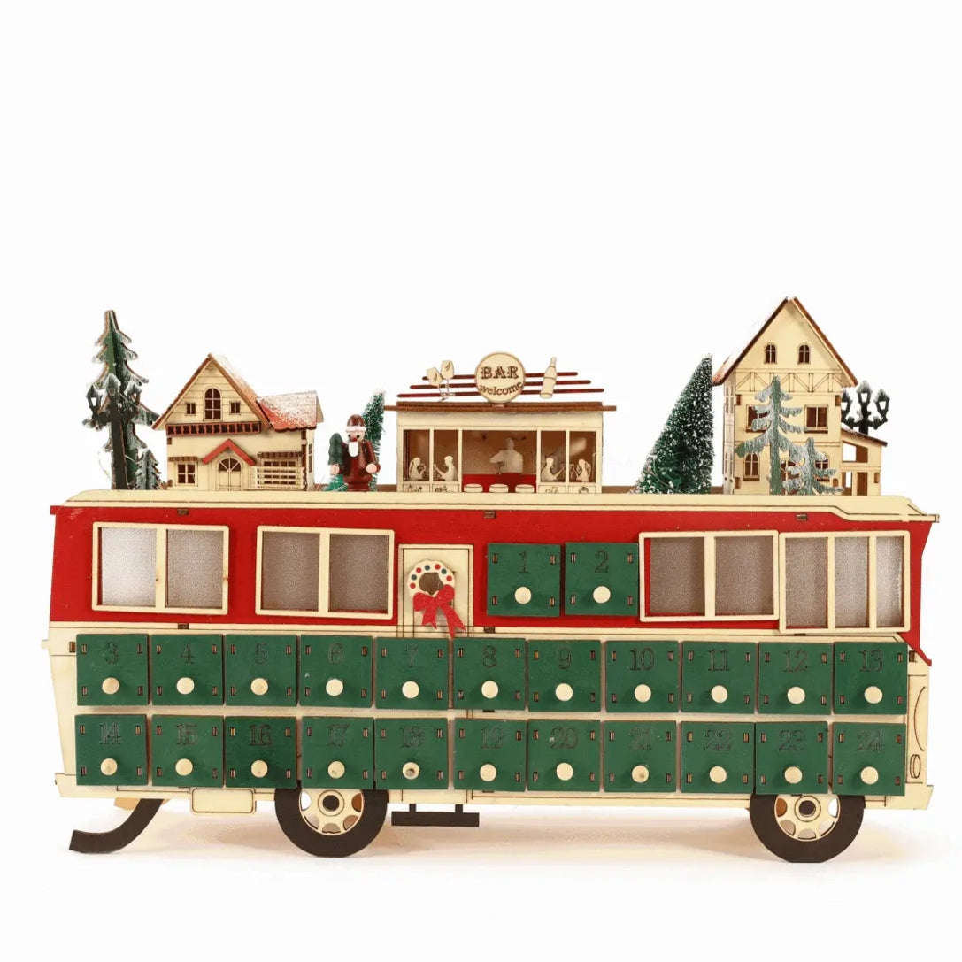 Battery-powered Lit Wooden Bus Christmas Countdown Advent Calendar, Featuring a Christmas village on a classic double-decker bus, complete with Santa Claus, charming houses, a cozy bar.