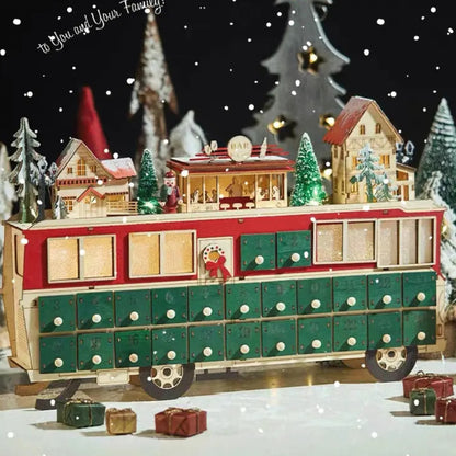 Battery-powered Lit Wooden Bus Christmas Countdown Advent Calendar, Featuring a Christmas village on a classic double-decker bus, complete with Santa Claus, charming houses, a cozy bar.