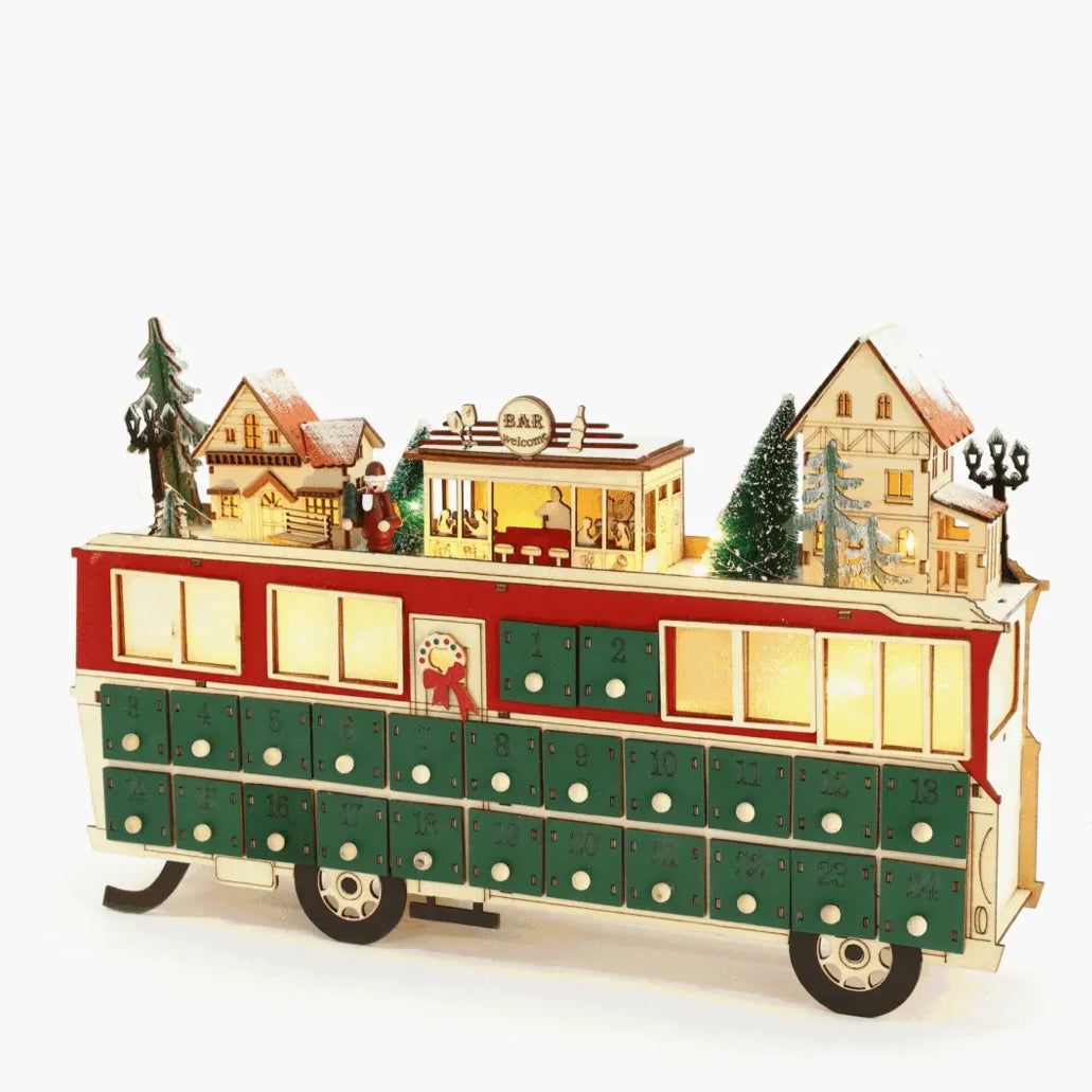 Battery-powered Lit Wooden Bus Christmas Countdown Advent Calendar, Featuring a Christmas village on a classic double-decker bus, complete with Santa Claus, charming houses, a cozy bar.