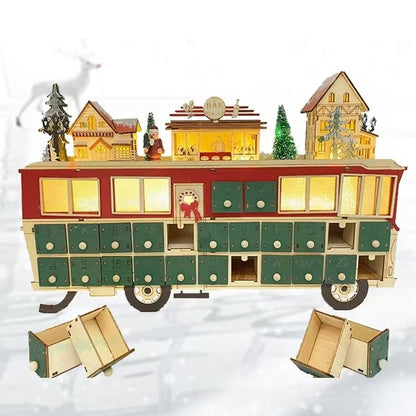 Battery-powered Lit Wooden Bus Christmas Countdown Advent Calendar, Featuring a Christmas village on a classic double-decker bus, complete with Santa Claus, charming houses, a cozy bar.