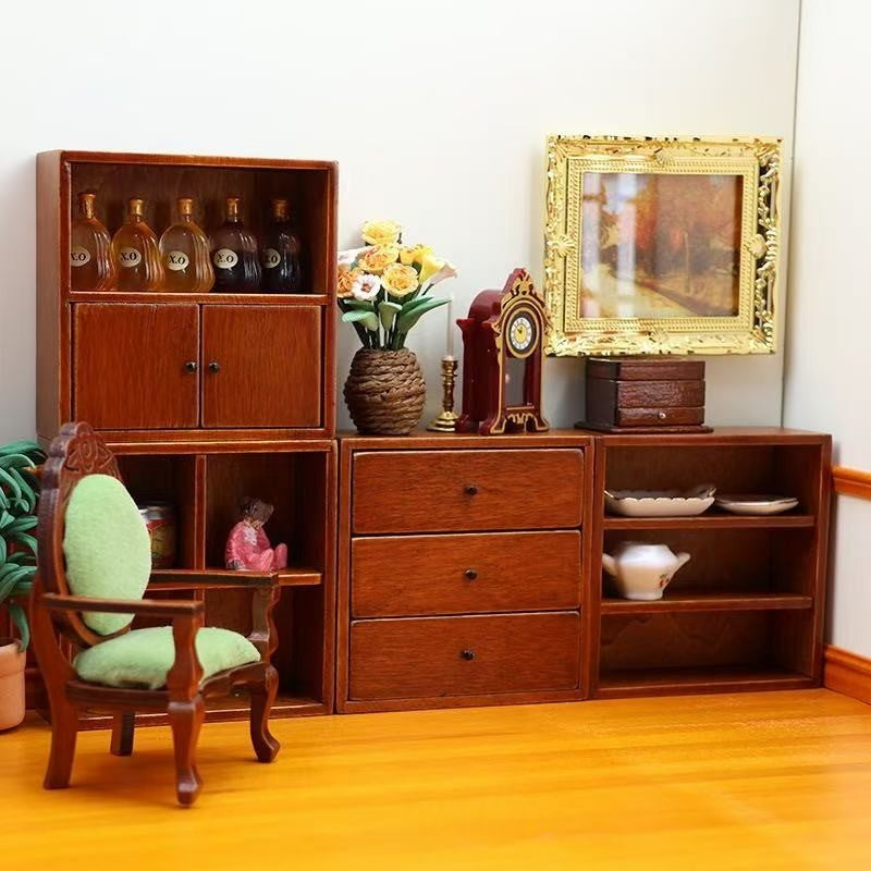 image displaying the Wooden Miniature Cabinet Set in dollhouse setting