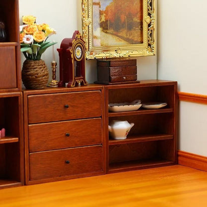 image displaying the Wooden Miniature Cabinet Set in dollhouse setting