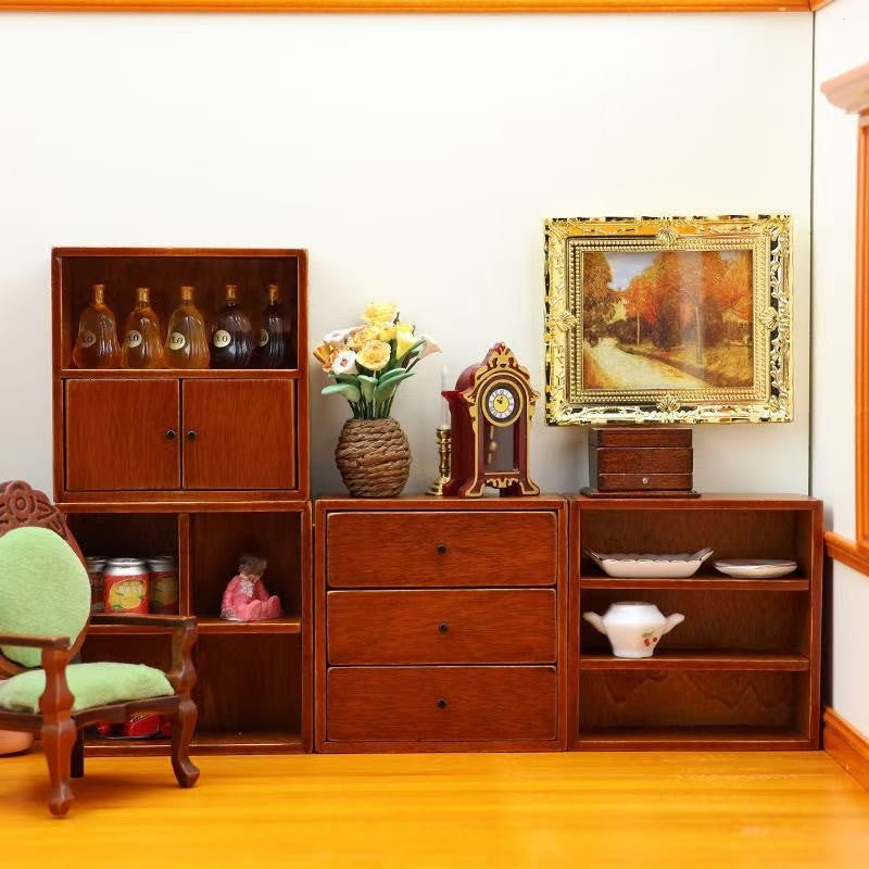 image displaying the Wooden Miniature Cabinet Set in dollhouse setting