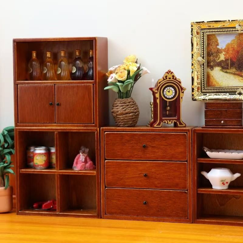 image displaying the Wooden Miniature Cabinet Set in dollhouse setting