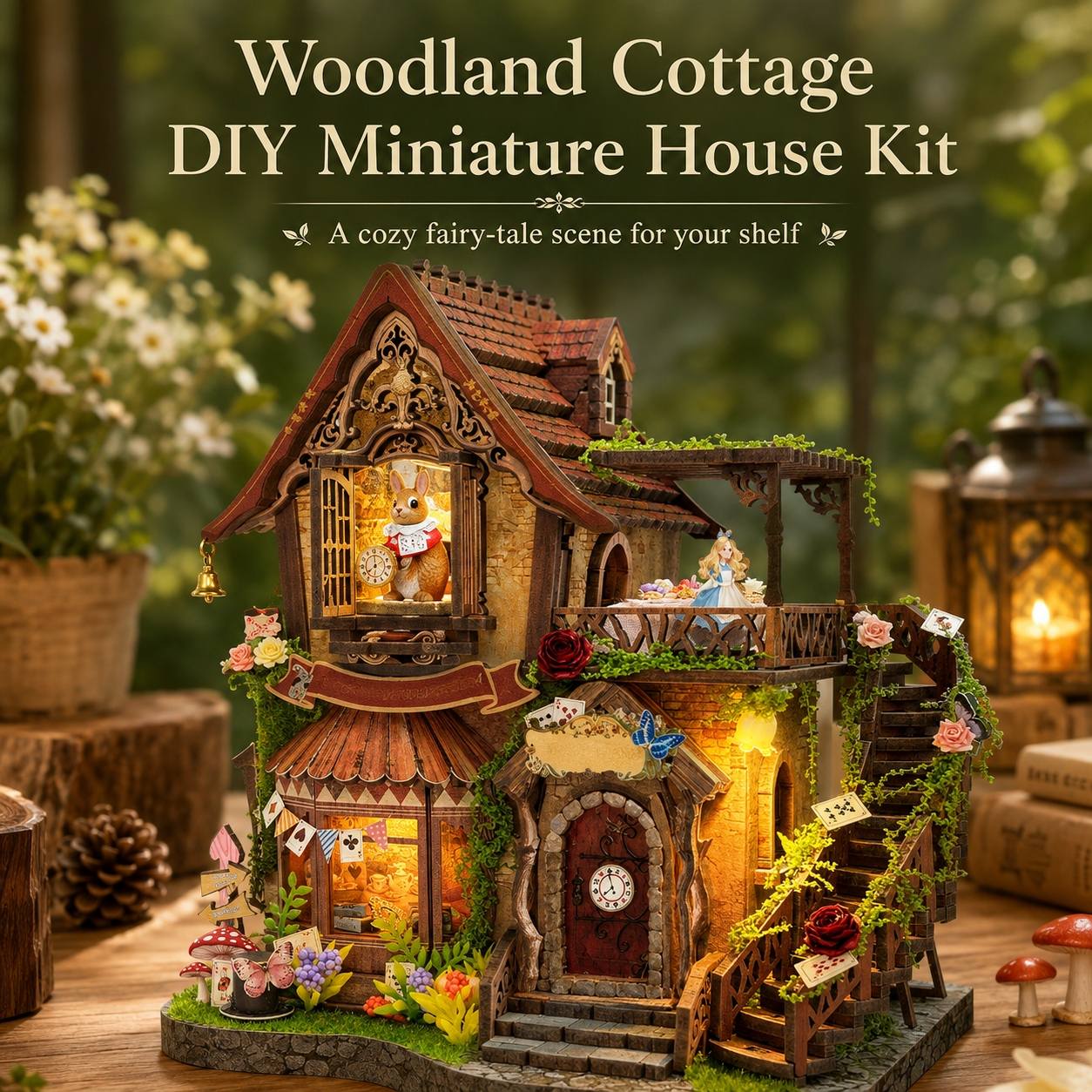 Woodland Cottage DIY Miniature House Kit displayed on a wooden surface with a cozy fairy-tale scene. The miniature house features warm glowing windows, mossy green roofs and vines, a small porch with a clock, tiny mushrooms, flowers, and a rabbit figurine in the upper window.