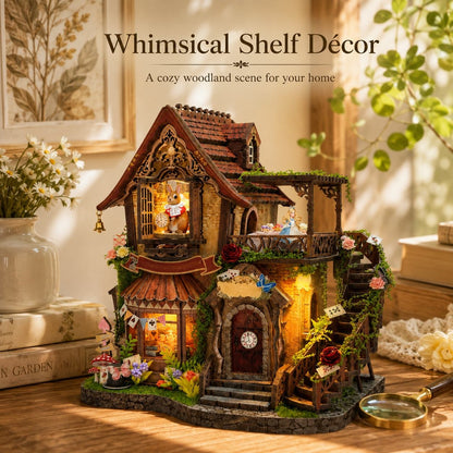 A whimsical two-story miniature shelf decor house with warm glowing fairy lights, a detailed brown roof, green mossy accents, and tiny decorative figures, shown styled on a wooden surface with books and flowers in a cozy indoor setting.