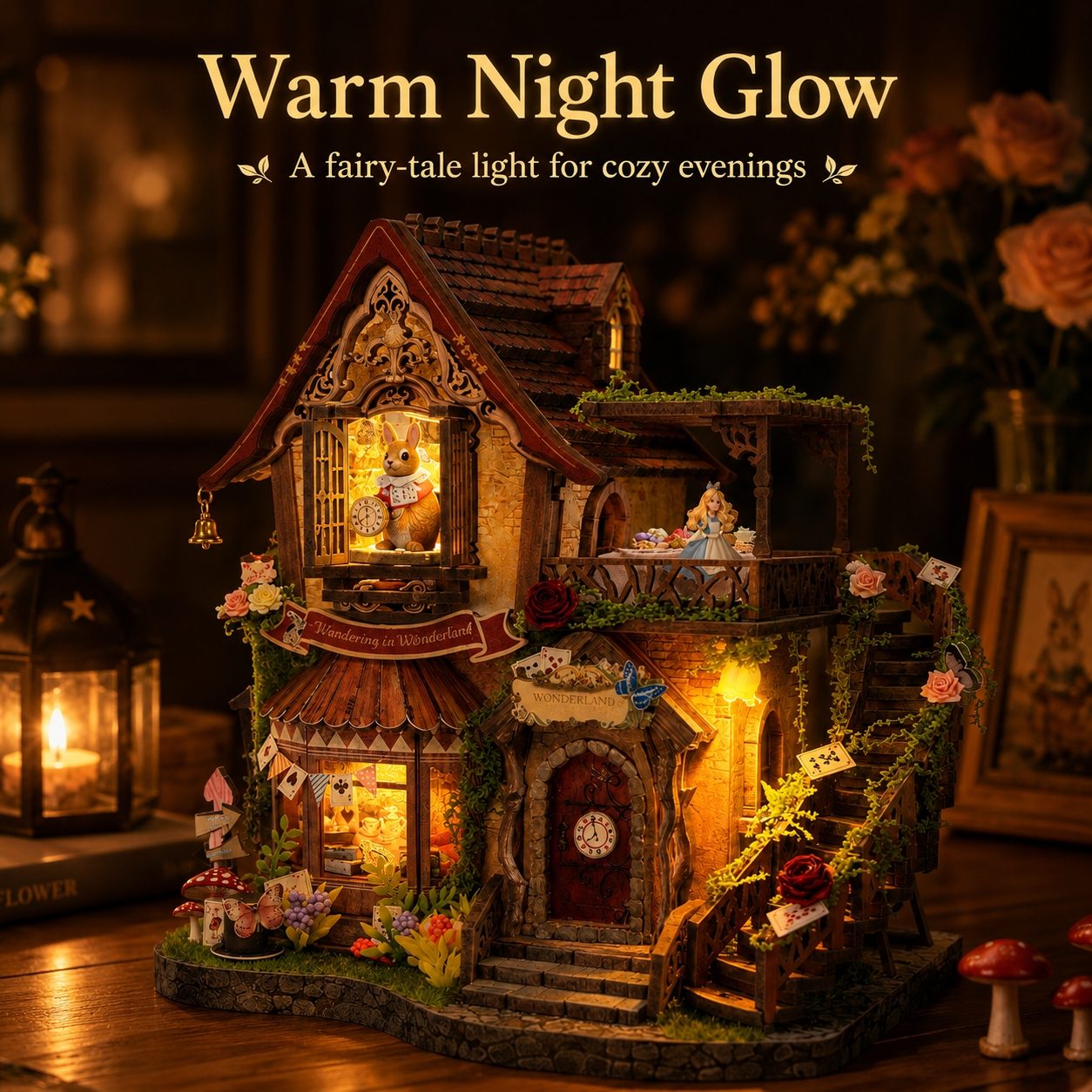 A fairy-tale miniature house night light with warm glowing windows and small figurines, displayed on a wooden surface in a cozy indoor setting with flowers and lanterns in the background. Text at the top reads 'Warm Night Glow' and 'A fairy-tale light for cozy evenings.