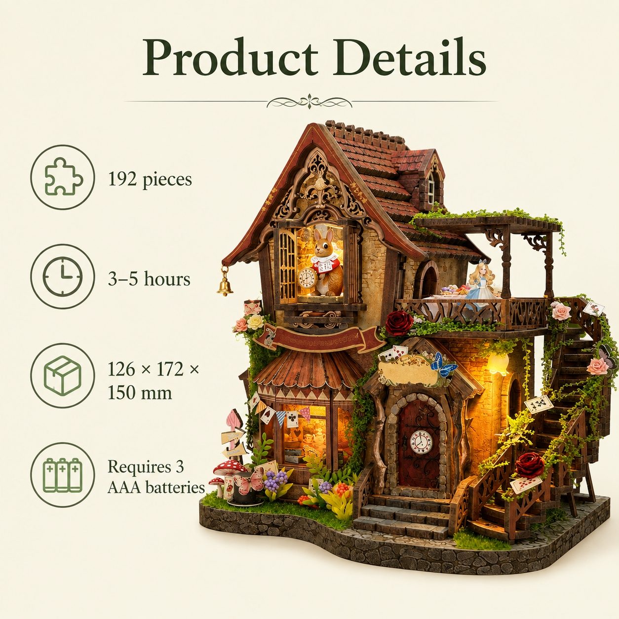 A decorative miniature house kit shown with 'Product Details' text and feature icons on a light beige background. The product is a detailed two-story dollhouse-style cottage with warm glowing lights, a tiled roof, balcony, stairs, floral decorations, and a base.