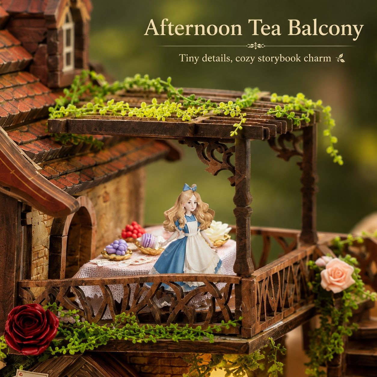 A miniature dollhouse-style tea balcony scene with a small figurine of a girl in a blue and white dress seated at a table with tea and pastries, surrounded by green vines and flowers on a rustic wooden balcony. Text at the top reads 'Afternoon Tea Balcony' with a subtitle about tiny details and cozy storybook charm.