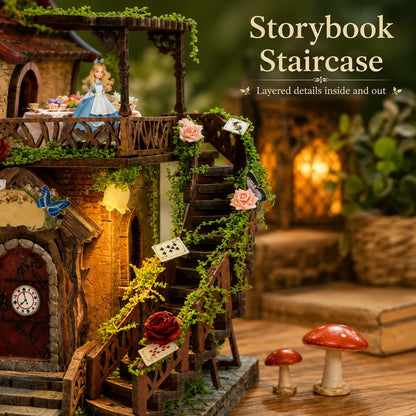 A miniature fantasy staircase house with a fairy tale tower, wooden stairs, green vines, playing cards, small mushrooms, and a doll in a blue dress on a balcony. Text in the upper right reads 'Storybook Staircase' with smaller copy below.