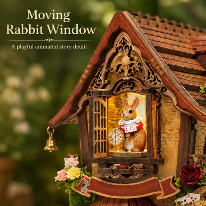 A decorative miniature rabbit window ornament with a carved wooden house facade, glowing warm interior, rabbit figurine holding a sign, small clock, bell, and floral accents. Text at the top reads 'Moving Rabbit Window' and 'A playful animated story detail.
