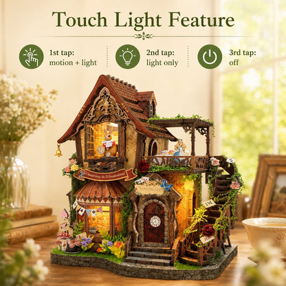 A decorative miniature house night light with warm glowing windows, shown on a tabletop in a softly lit room. Large text at the top reads 'Touch Light Feature' with three icon callouts for touch sensitivity.