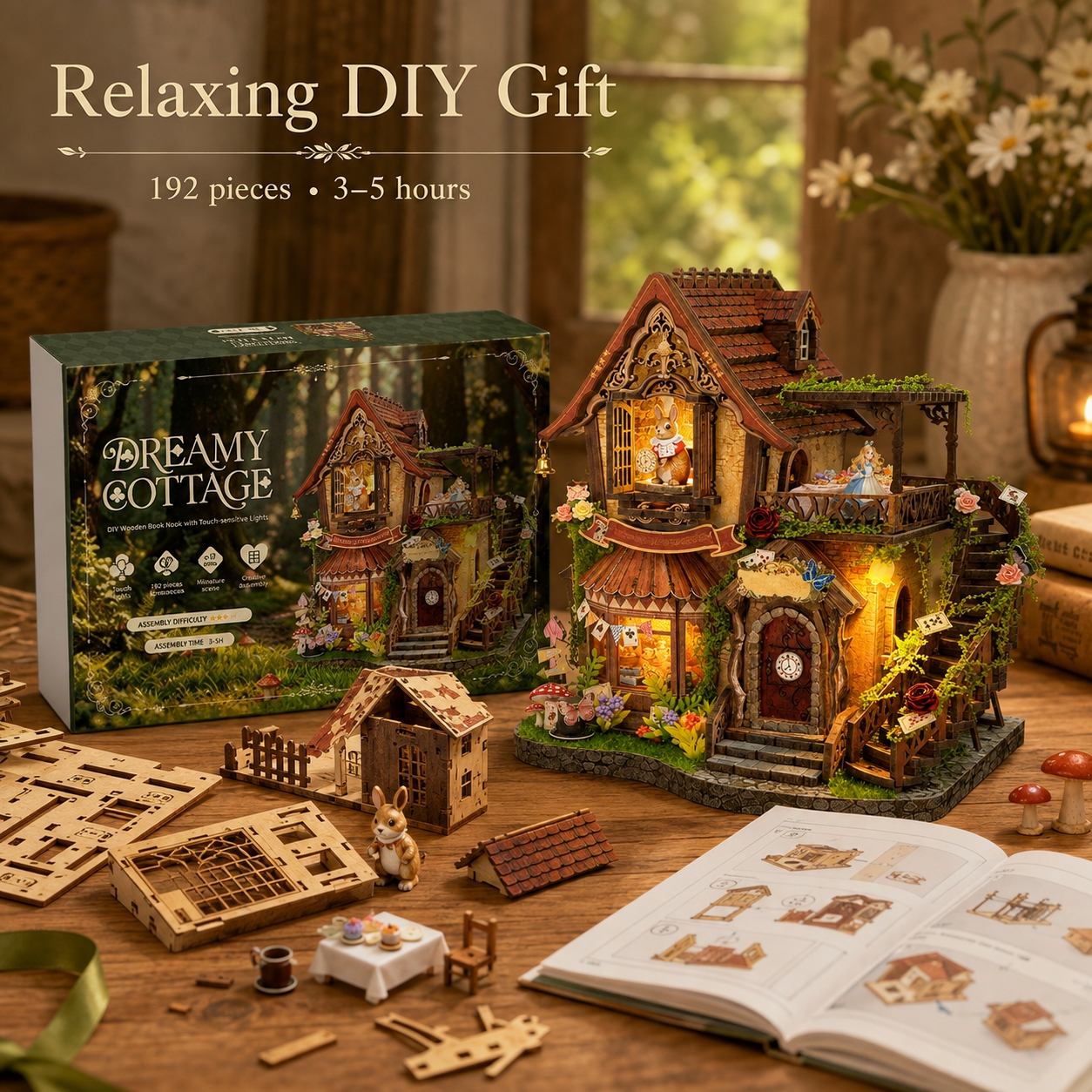 DIY wooden cottage kit shown with its box, assembled fairy-tale house, loose wooden pieces, an open instruction booklet, and small decorative props on a wooden table. Text at the top reads 'Relaxing DIY Gift' and '192 pieces • 3-5 hours'.