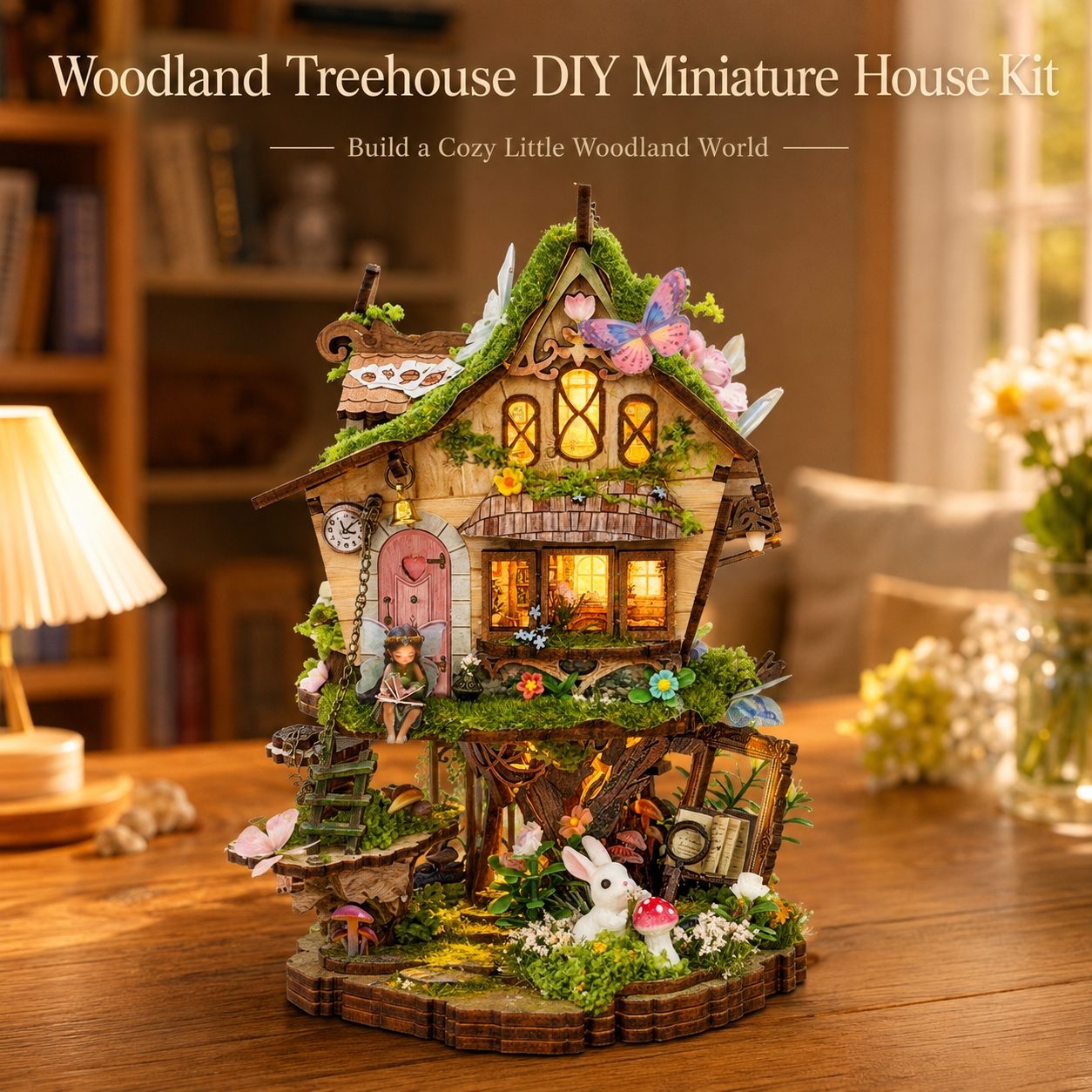 Woodland Treehouse DIY Miniature House Kit displayed on a wooden table in a cozy, warmly lit room. The miniature house features a rustic wooden body, lush green mossy roof, glowing warm yellow windows, a pink door, tiny garden details, and small figurines including a white rabbit and a mushroom.