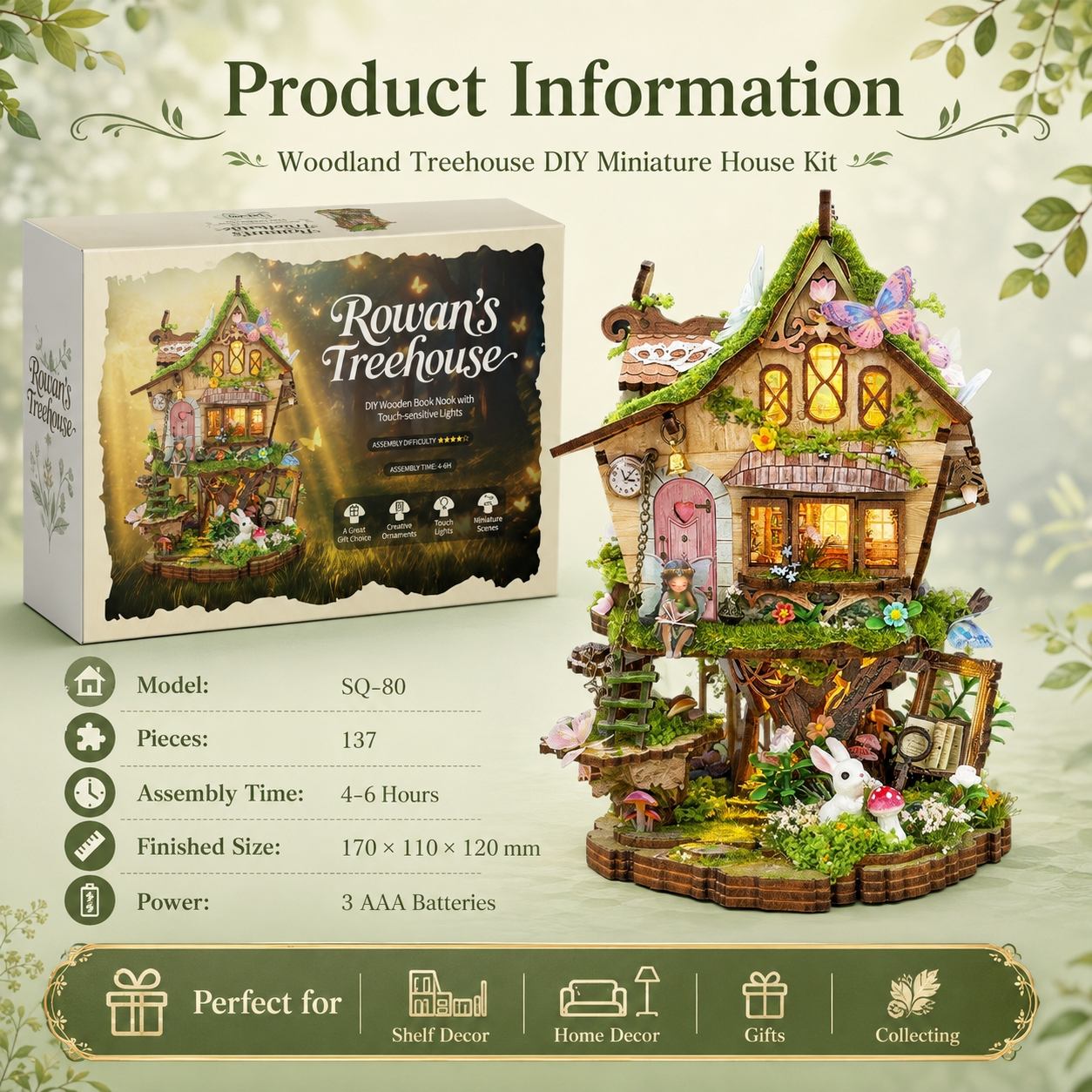 Product information graphic for the Rowan's Treehouse DIY Miniature House Kit, showing the product box on the left and the assembled miniature house on the right, with assembly details and features listed below.
