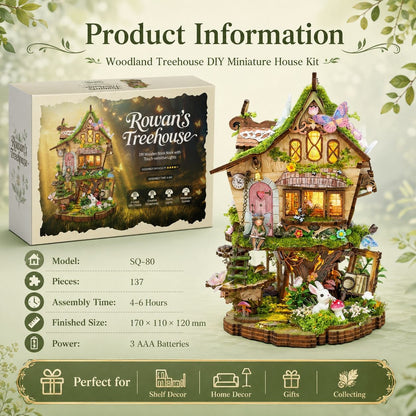 Product information graphic for the Rowan's Treehouse DIY Miniature House Kit, showing the product box on the left and the assembled miniature house on the right, with assembly details and features listed below.