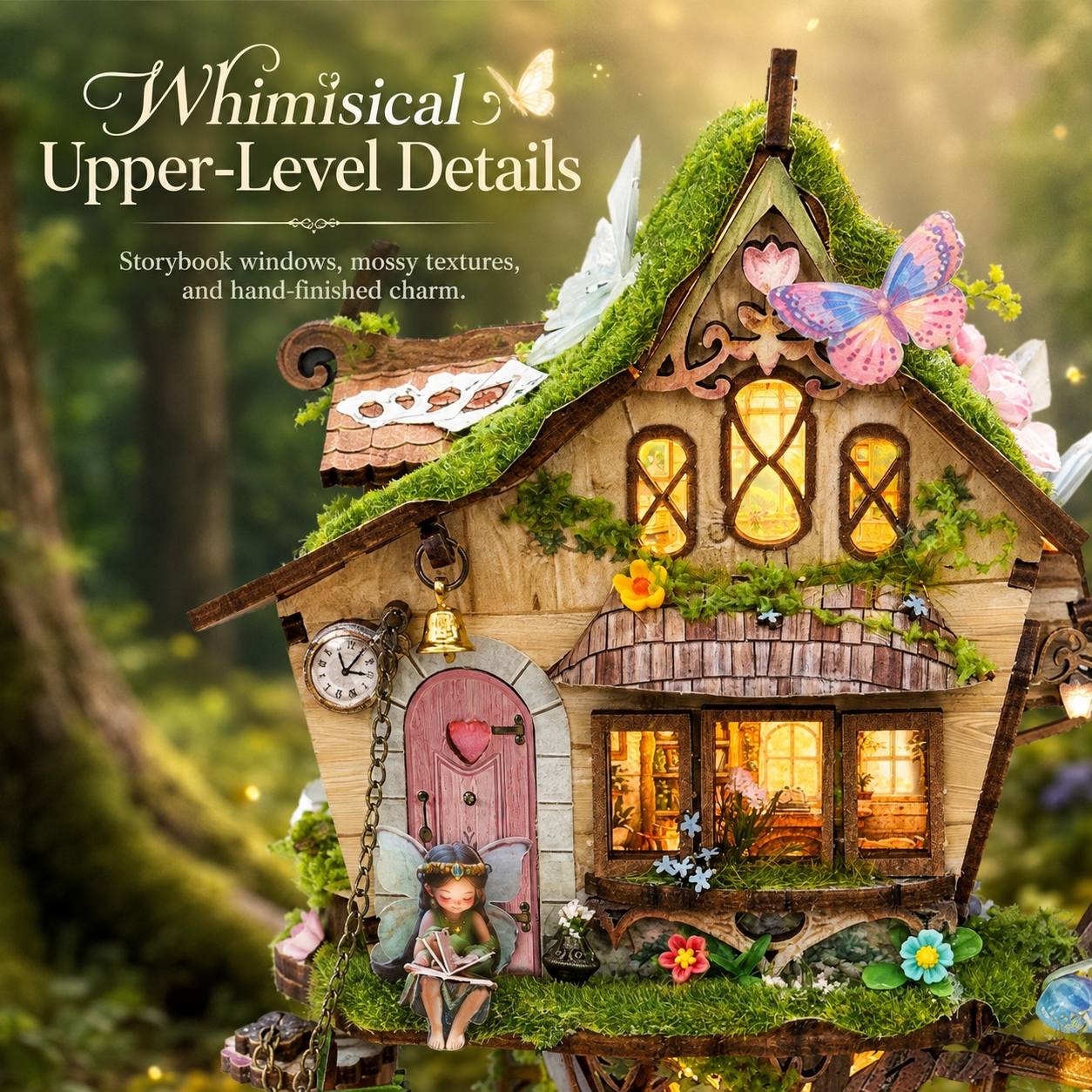 A whimsical fairy house miniature with glowing warm windows, mossy green roof, pink door, small figurine, butterflies, and decorative details, shown in a softly blurred forest setting with overlaid text reading 'Whimsical Upper-Level Details.'.