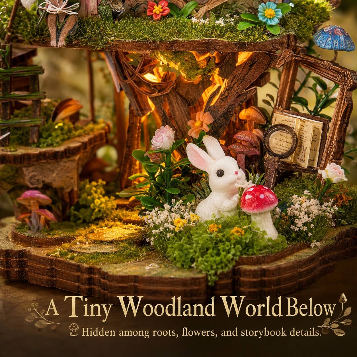 A miniature fairy garden scene with a white rabbit figurine beside a red mushroom, surrounded by moss, flowers, tiny trees, a small bridge, and warm fairy lights. Text at the bottom reads 'A Tiny Woodland World Below' with a small hidden-garden icon.