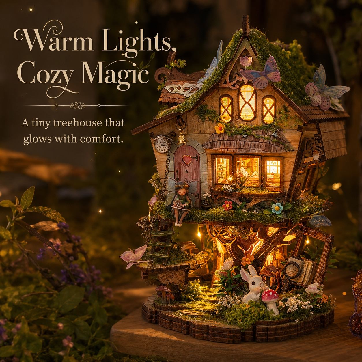 A decorative fairy treehouse miniature house with warm glowing lights, mossy roof, small garden details, and whimsical characters, shown in a softly blurred outdoor setting with marketing text on the left.