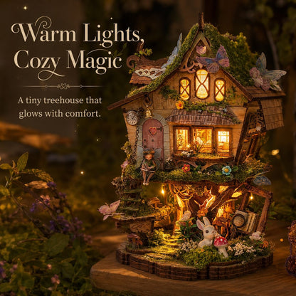 A decorative fairy treehouse miniature house with warm glowing lights, mossy roof, small garden details, and whimsical characters, shown in a softly blurred outdoor setting with marketing text on the left.