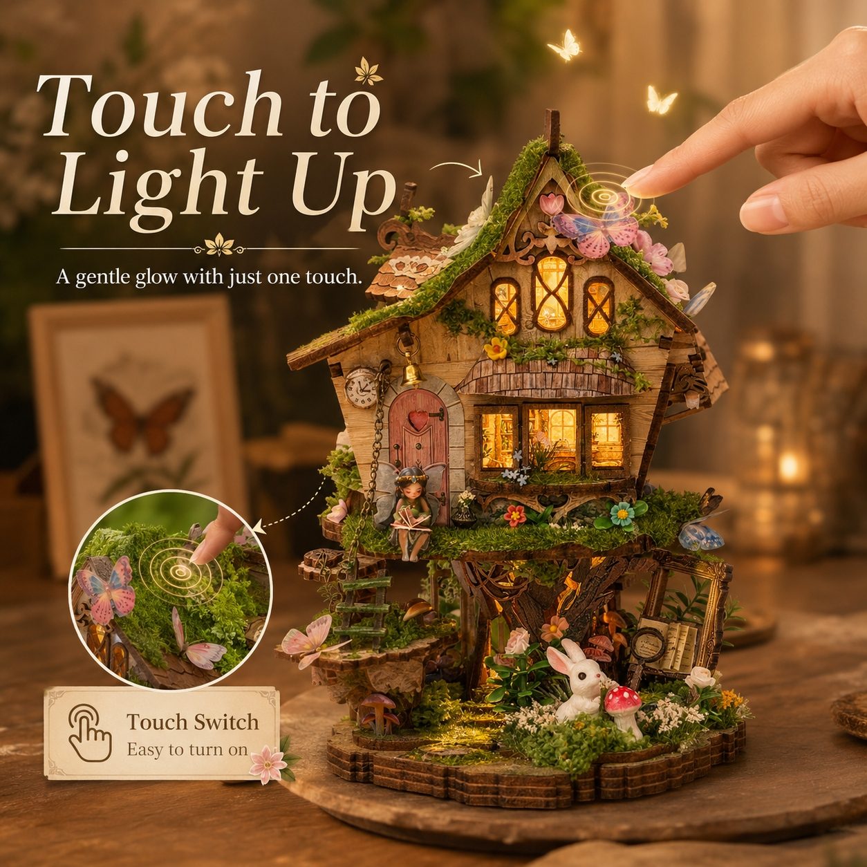 A miniature fairy house night light with warm glowing windows, mossy green roof and foliage, tiny rabbit figurine, butterflies, and a human hand touching the roof to turn it on. Large text reads 'Touch to Light Up' with a close-up inset showing the touch switch.