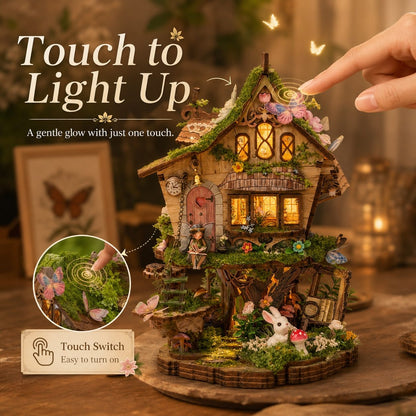 A miniature fairy house night light with warm glowing windows, mossy green roof and foliage, tiny rabbit figurine, butterflies, and a human hand touching the roof to turn it on. Large text reads 'Touch to Light Up' with a close-up inset showing the touch switch.