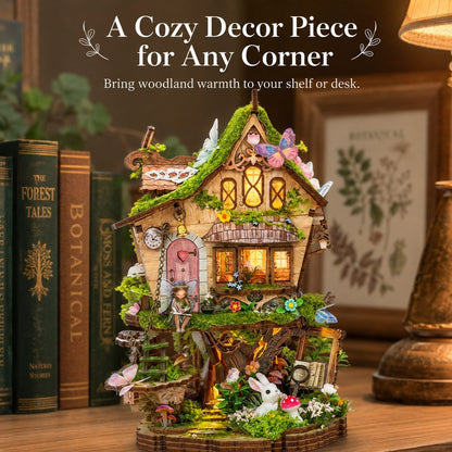 A cozy fairy-tale style wooden miniature house decor piece with glowing warm windows, mossy green roof, tiny garden details, butterflies, mushrooms, and a small white rabbit figure, displayed on a wooden surface with books and a lamp in the background. Text at the top reads 'A Cozy Decor Piece for Any Corner' and 'Bring woodland warmth to your shelf or desk.