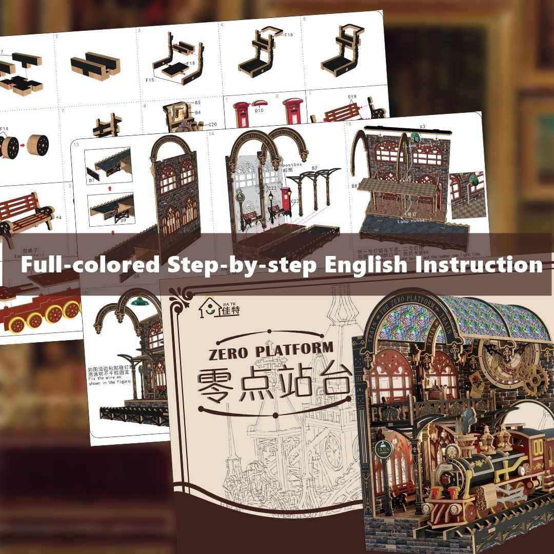 Miniature Model train set with assembly instructions and completed model on a blurred background