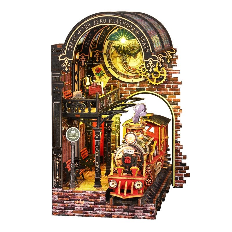 Detailed Harry Potter inspired wooden Miniature model of a train station with a train and platform 