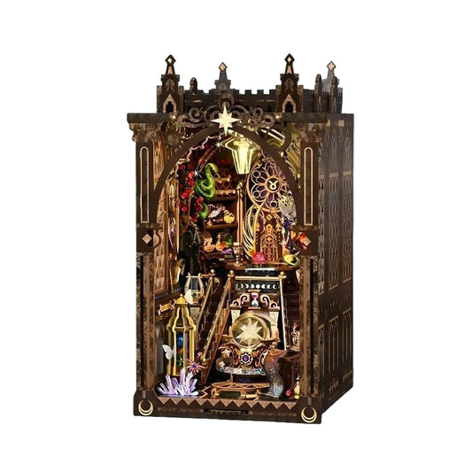 Detailed book nook model of a gothic-style Zodiac Fantasy city with intricate designs and lighting