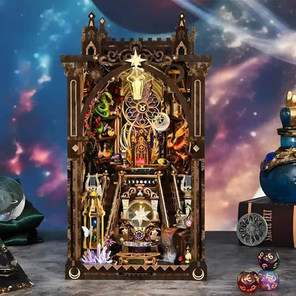 12 zodiacs inspired wooden book nook with intricate designs against a cosmic background