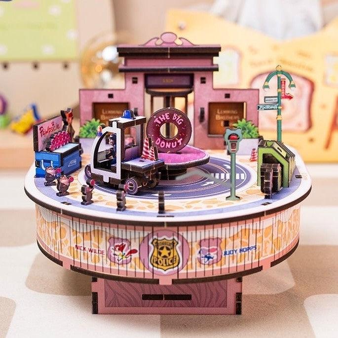 Zootopia 3D Wooden Puzzles Music Box, a miniature crafts with classic detailed scenes, musical movement, and easy snap-in design, perfect for wooden music box lovers, model building lovers, dollhouse collectors, A great DIY project for Disney animation lovers.