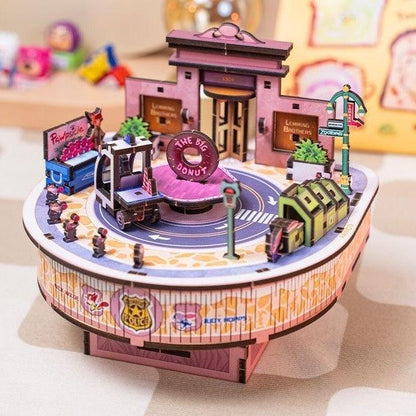 Zootopia 3D Wooden Puzzles Music Box, a miniature crafts with classic detailed scenes, musical movement, and easy snap-in design, perfect for wooden music box lovers, model building lovers, dollhouse collectors, A great DIY project for Disney animation lovers.