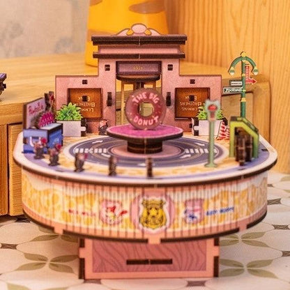 Zootopia 3D Wooden Puzzles Music Box, a miniature crafts with classic detailed scenes, musical movement, and easy snap-in design, perfect for wooden music box lovers, model building lovers, dollhouse collectors, A great DIY project for Disney animation lovers.