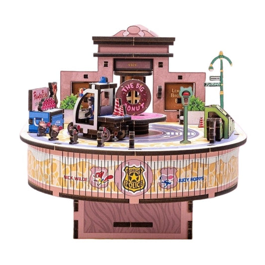 Zootopia 3D Wooden Puzzles Music Box, a miniature crafts with classic detailed scenes, musical movement, and easy snap-in design, perfect for wooden music box lovers, model building lovers, dollhouse collectors, A great DIY project for Disney animation lovers.