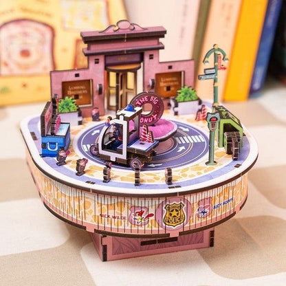 Zootopia 3D Wooden Puzzles Music Box, a miniature crafts with classic detailed scenes, musical movement, and easy snap-in design, perfect for wooden music box lovers, model building lovers, dollhouse collectors, A great DIY project for Disney animation lovers.