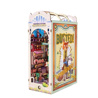 Zootopia DIY Book Nook Kit, a miniature crafts inspired by the film "Zootopia" with rich detailed scenes, iconic characters, sensor light, and easy snap-in design, perfect for 3D puzzles bookend lovers, model building lovers, dollhouse collectors, bookshelf insert decor, A great DIY project for Zootopia fans.