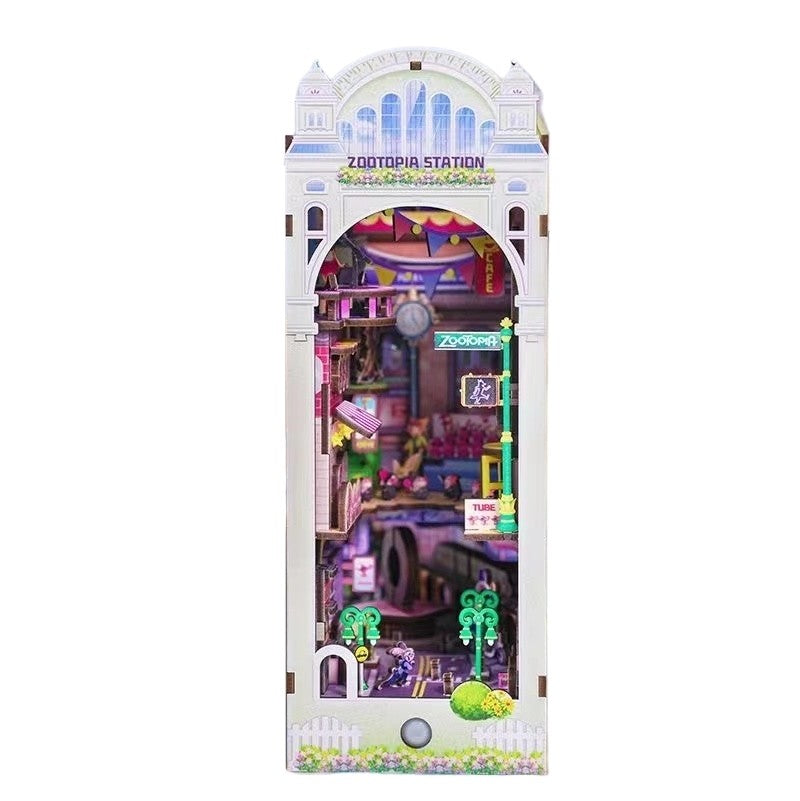 Zootopia DIY Book Nook Kit, a miniature crafts inspired by the film "Zootopia" with rich detailed scenes, iconic characters, sensor light, and easy snap-in design, perfect for 3D puzzles bookend lovers, model building lovers, dollhouse collectors, bookshelf insert decor, A great DIY project for Zootopia fans.