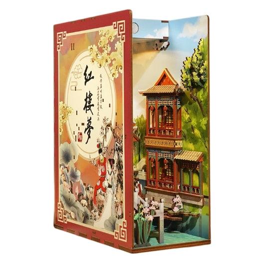 A Dream in Red Mansions DIY Wooden Book Nook Kit, A charming miniature 3d wooden puzzles inspired by Chinese famous novel, perfect for crafting enthusiasts, dollhouse collectors and Chinese culture lovers alike. Ideal for bookshelf decor of gifting. left side view