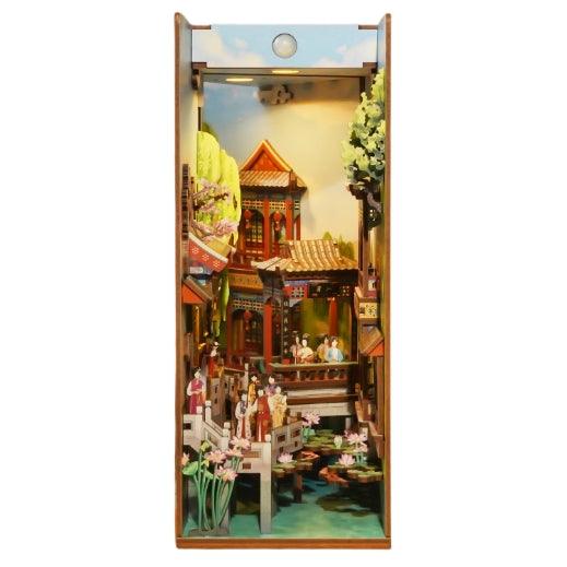A Dream in Red Mansions DIY Wooden Book Nook Kit, A charming miniature 3d wooden puzzles inspired by Chinese famous novel, perfect for crafting enthusiasts, dollhouse collectors and Chinese culture lovers alike. Ideal for bookshelf decor of gifting. front side view