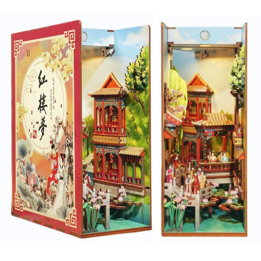 A Dream in Red Mansions DIY Wooden Book Nook Kit, A charming miniature 3d wooden puzzles inspired by Chinese famous novel, perfect for crafting enthusiasts, dollhouse collectors and Chinese culture lovers alike. Ideal for bookshelf decor of gifting.